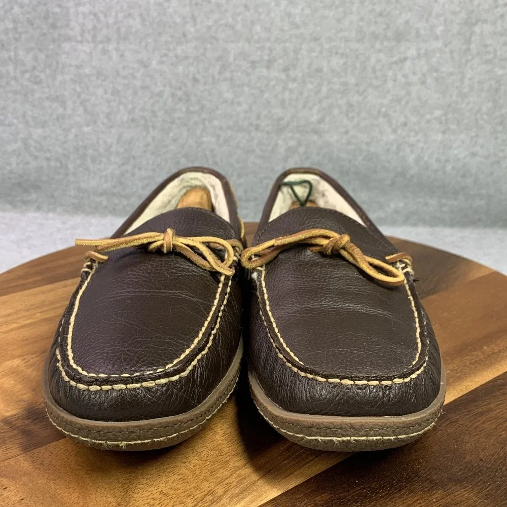 L.L. Bean Shoes Mens 11 Brown Leather Moccasin Fleece Lined Slippers Boat Preppy